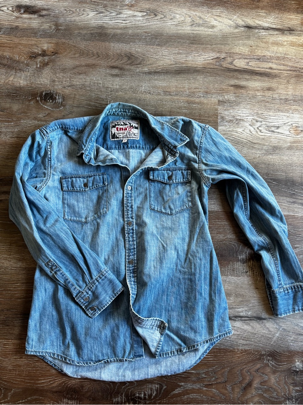 TNA Men's Washed Light Blue Denim Button-Up Shirt